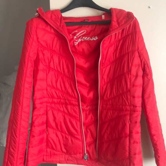 guess red puffer jacket